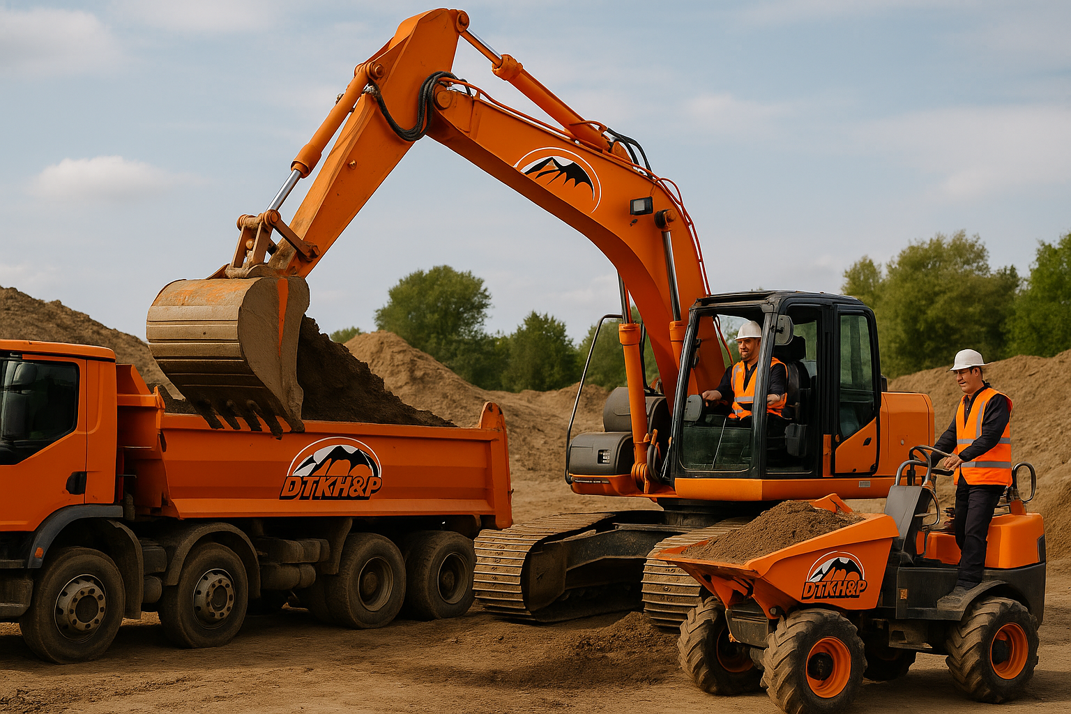 Excavator loading soil into a tipper truck on a construction site with workers in safety gear