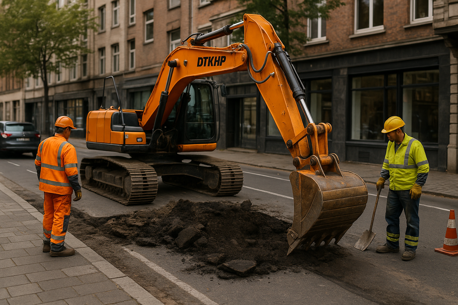 Excavator digging asphalt on a city street with construction workers in high-vis gear