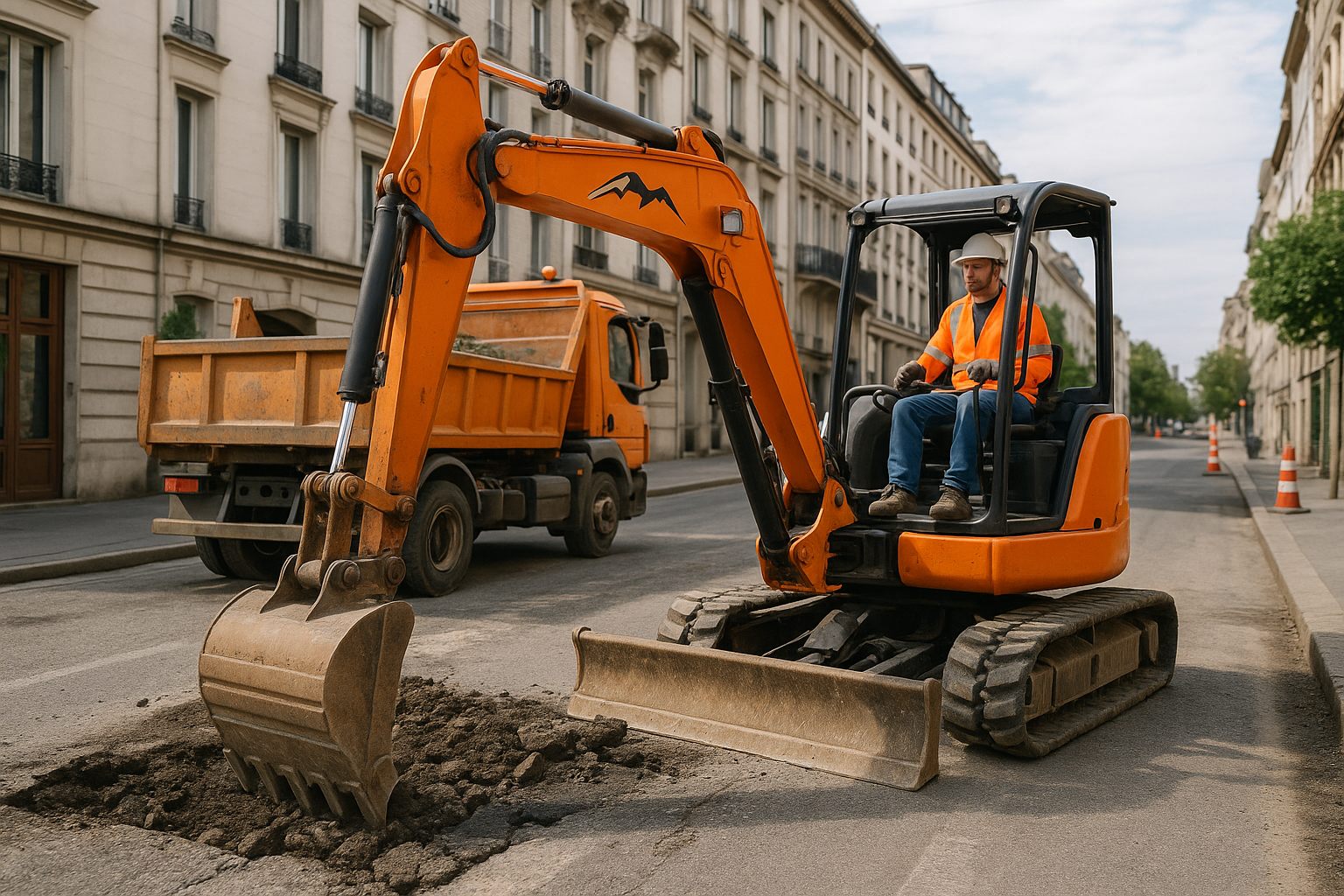 Mini excavator breaking ground on city road with dump truck nearby
