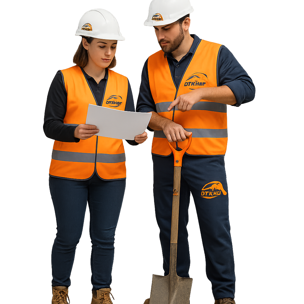 Two construction workers in branded DTKH&P uniforms reviewing documents with a shovel, isolated on a transparent background