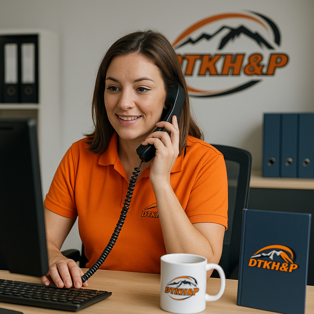 Customer service representative wearing DTKH&P uniform answering a phone call at her office desk